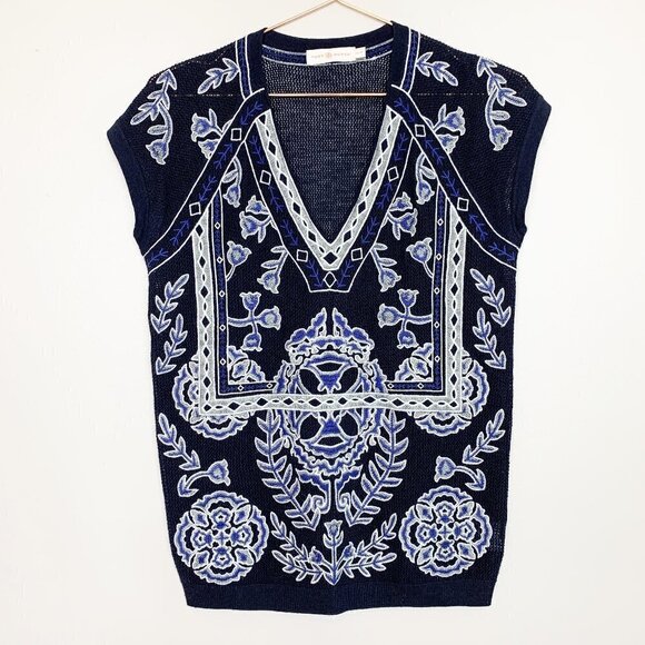 Tory Burch Merino Wool Lightweight Embroidered Short Sleeved Sweater XS - Picture 1 of 7